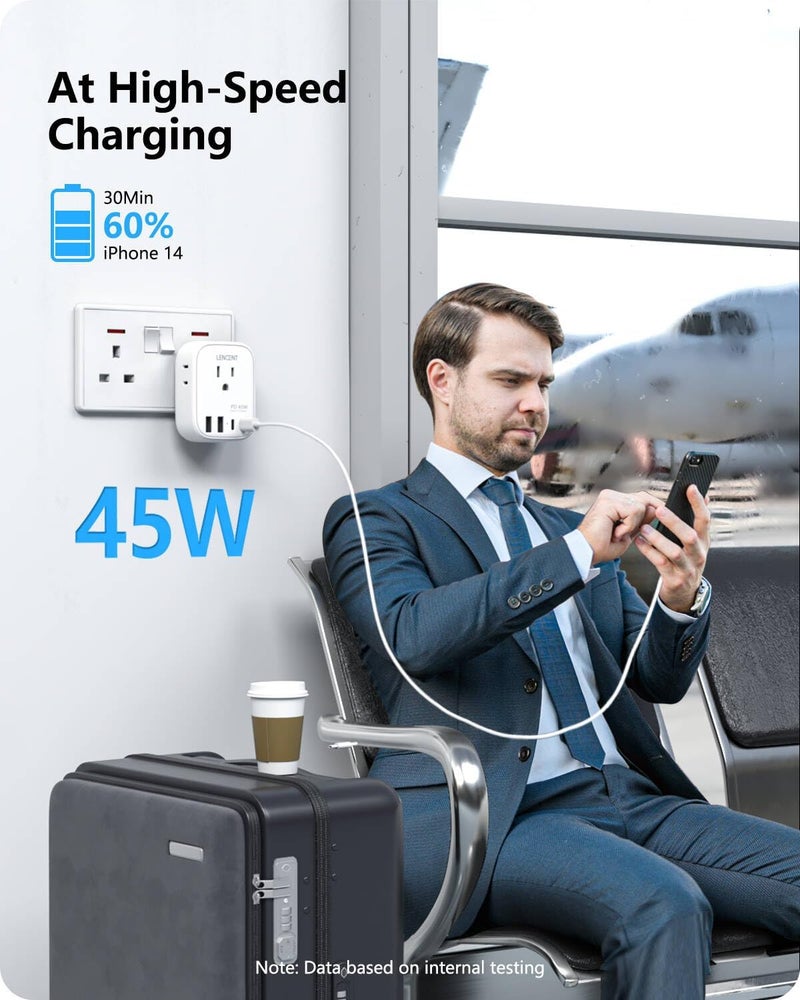 Lencent US to UK Ireland Travel Plug Adapter,PD 45W Grounded Type G Adapter for Travel with 4 Outlets 4 USB Ports (2 USB C), Power Plug for USA to Dubai Scotland British London England Hong Kong Irish - Image 3